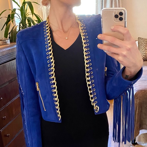 ❌SOLD❌ Balmain blue suede fringe cropped jacket - Picture 4 of 6